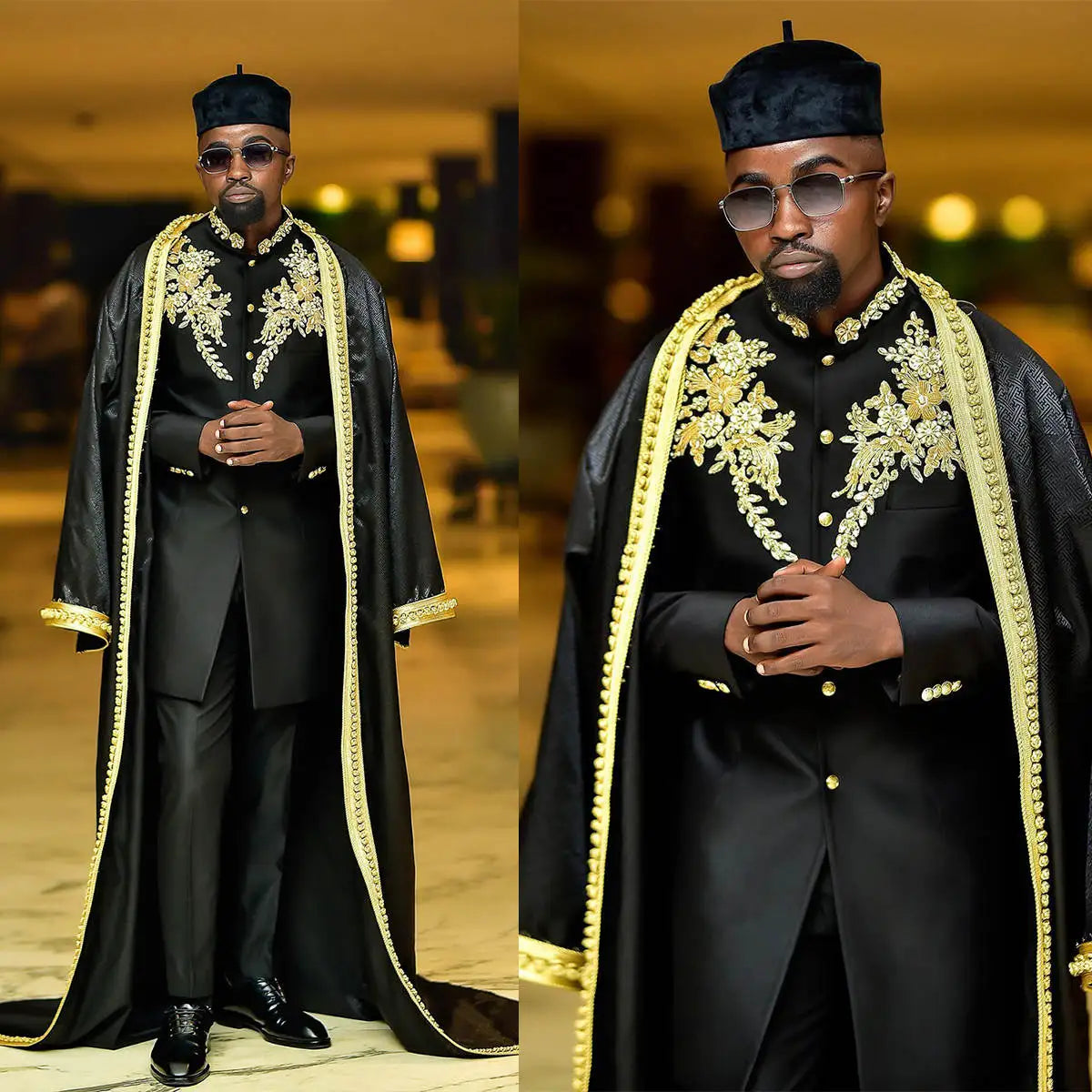 Black Mens Pants Suits With Long Cape Gold Beading Men's Wedding Suits With 3 Pieces Prom Cosplay Blazers Costume