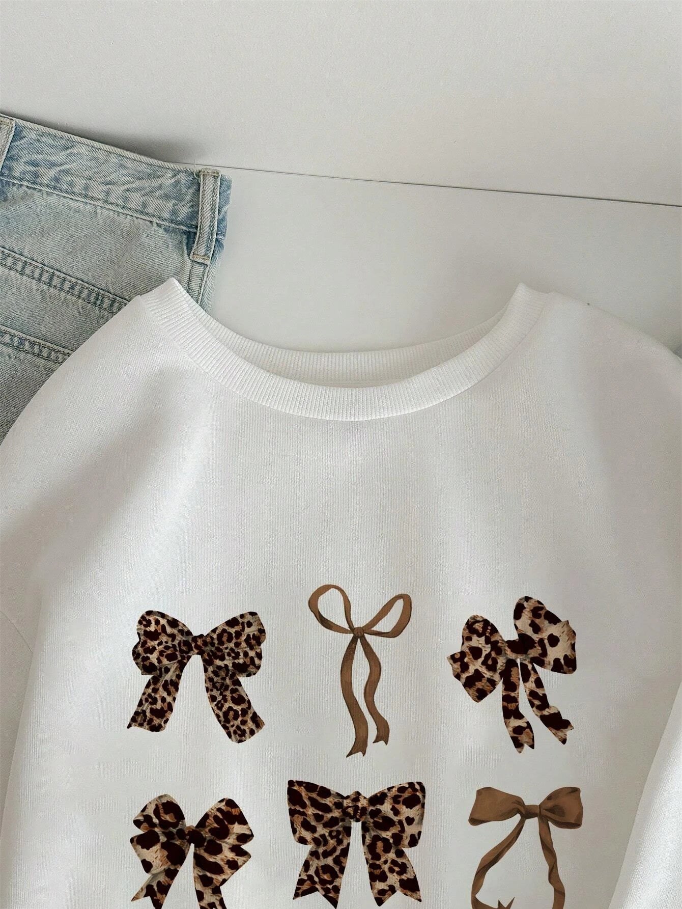 Retro Leopard Print Bow Printed Women Hoodies All-Match Comics Hoody Fleece Casual Clothes Street Hip Hop Pullover Woman