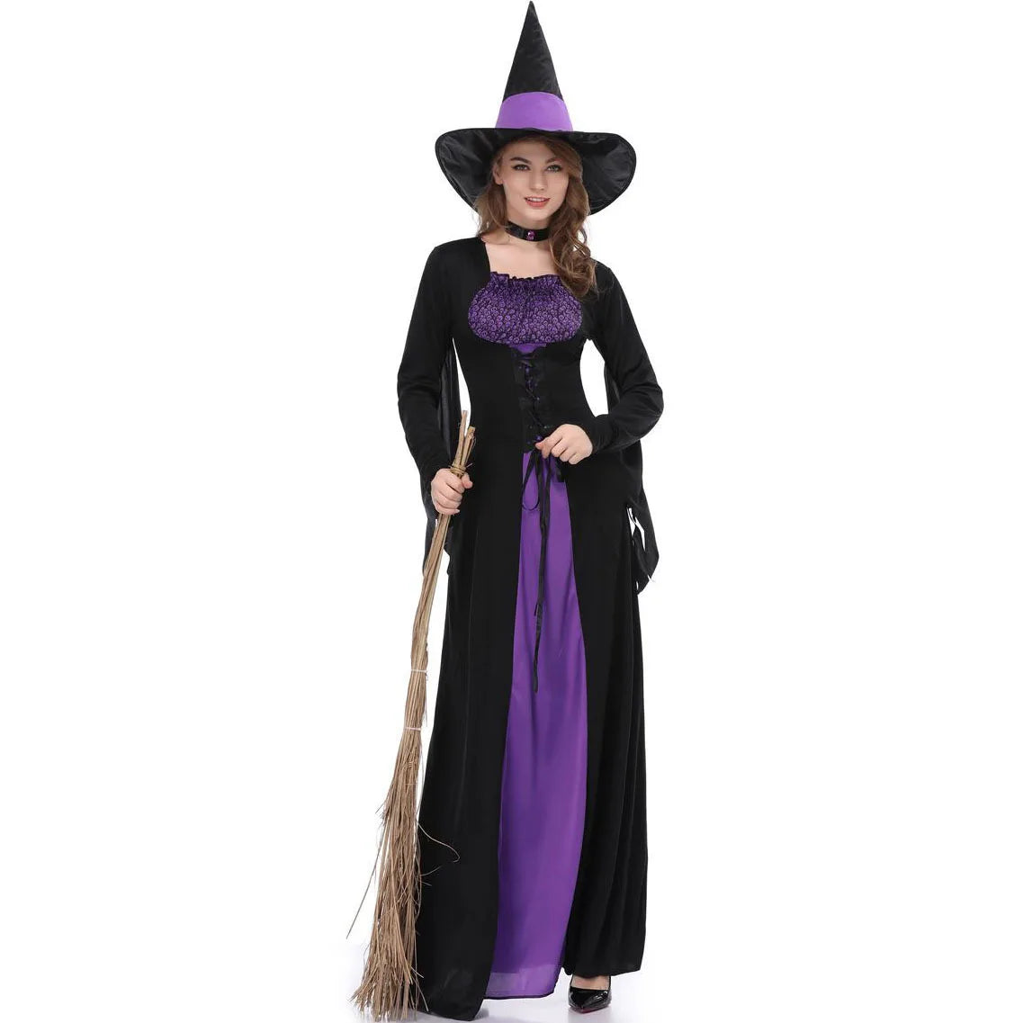 Womens Halloween Witch Costume Purple Black Long Dress Gothic Sorceress Gown Bell Sleeve Lace Up Cosplay Parties  Fancy Outfits