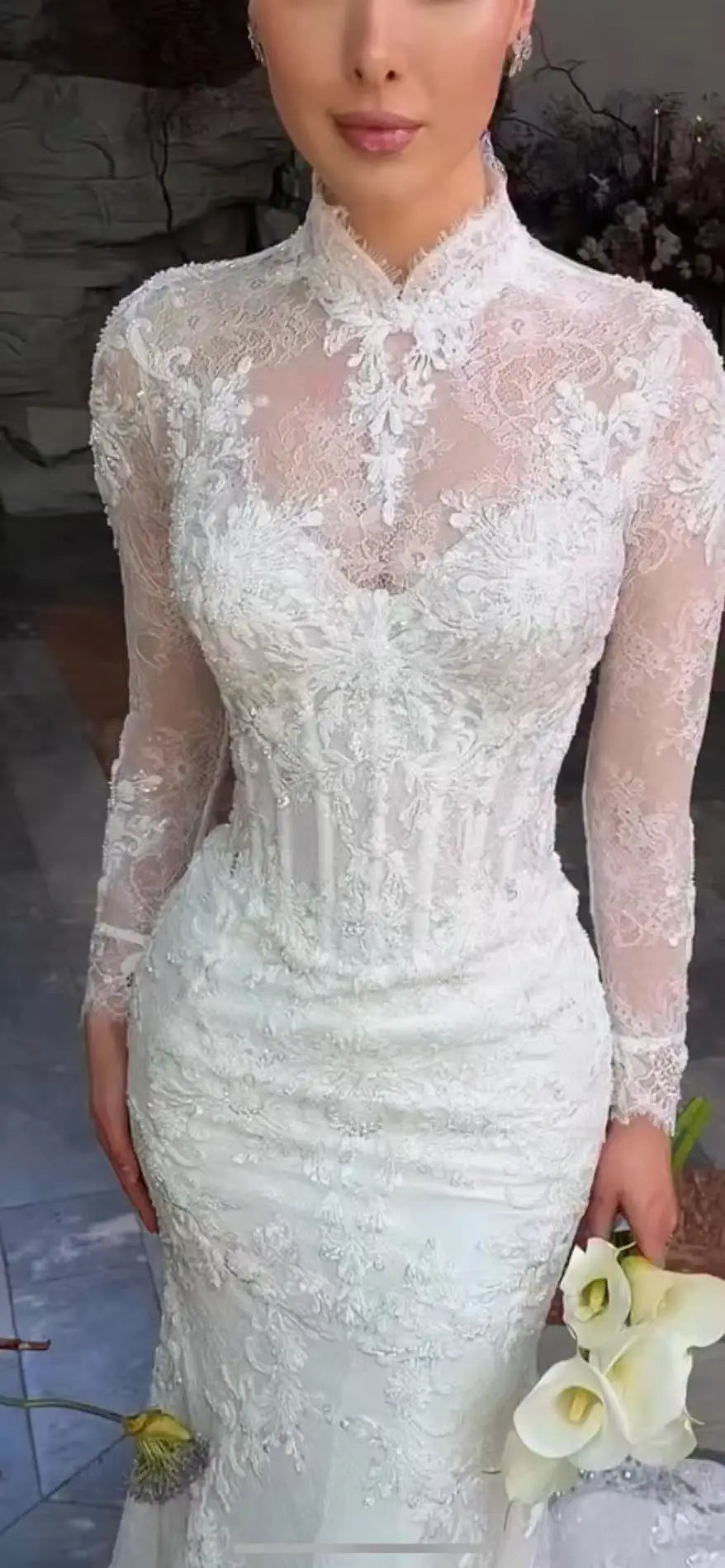 Luxury Lace applique Mermaid Wedding Dresses For Woman Long sleeves Bride Dress Detachable Train High Neck Vestidos De Novias