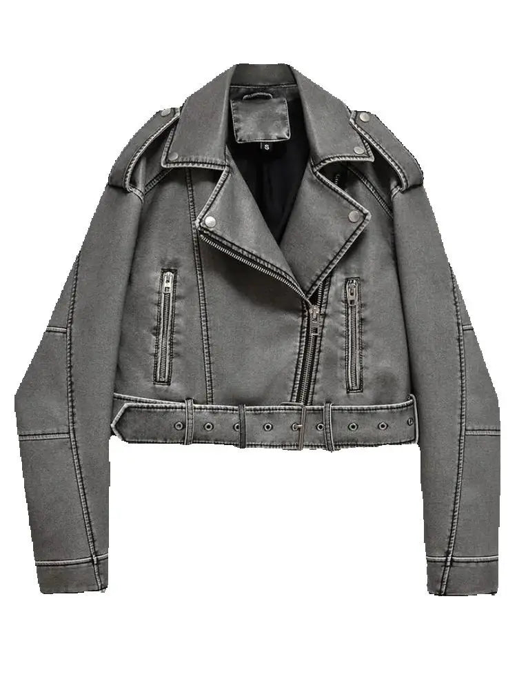Women Autumn Winter Loose Gray PU Faux Leather Short Jackets Belt Female High Street Zipper Retro Moto Biker Coats Outwear XS-XL