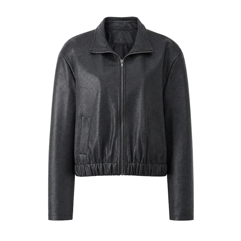 Black Short Leather Jacket Vintage Women's Stand Collar Full Sleeve V-neck Loose Jackets 2026 Lady  Autumn Casual Casual Outwear