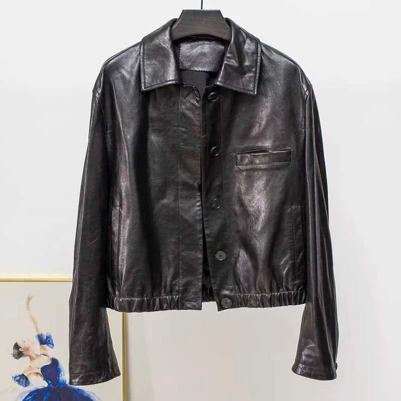 Advanced Oil Wax Leather Jacket for Women Autumn Winter Female 100% Lambskin Square Neck Elastic Waist  Loose Coat Vestes Femmes