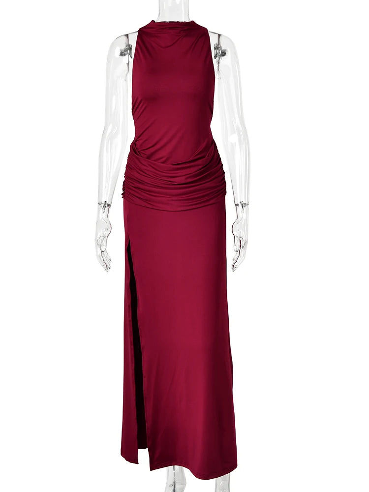 JULISSA MO Sexy Backless High Slit Ruched Women Maxi Dress Sleeveless Round Neck Dress Autumn Skinny Elegant Party Evening Dress