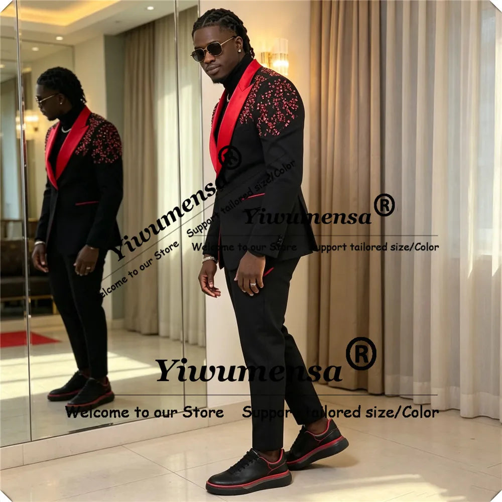 Luxury Weddng Suits For Man Red Label Beaded Stones Prom Blazers Customized 2 Pieces Sets Groomm Formal Party Tuxedos Attire