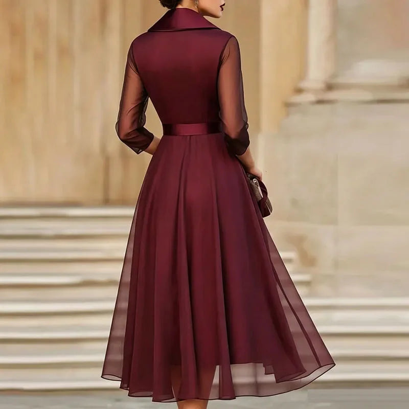 Elegant Lapel Ruffle Mesh Party Dress Woman Spring Solid High Waist Bowknot Flowy Maxi Dress Summer Sheer Sleeve Sexy Boho Dress