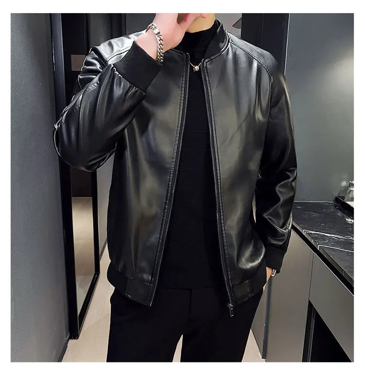 New Men's Faux Leather Jacket Motorcycle Biker Coat Stand Collar Zipper Slim Fit Casual Streetwear Outerwear