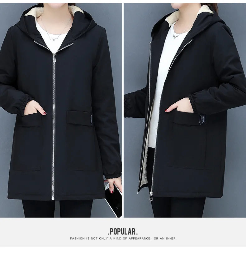 2023 Autumn Winter New Thick Warm Lamb Wool Cotton-padded Coat Women's Mid-length All-fit Loose Hooded Female Blouse