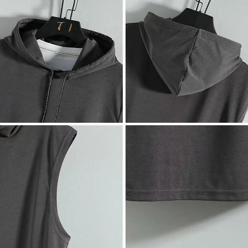 Mens Gym Hoodie Sleeveless with Mask Sweatshirt Hoodies Casual Splice Large Open-Forked Male Clothing Mask Button Sports Hooded