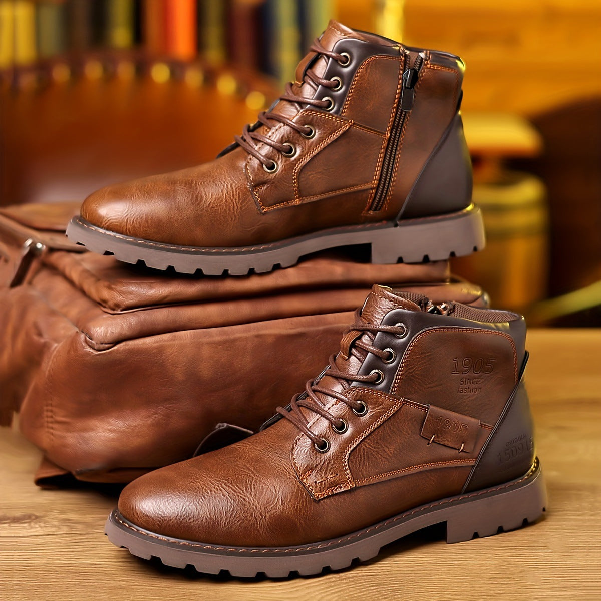 Botas de cuero de caña media con cremallera lateral, informales, para hombre, con combinación de colores