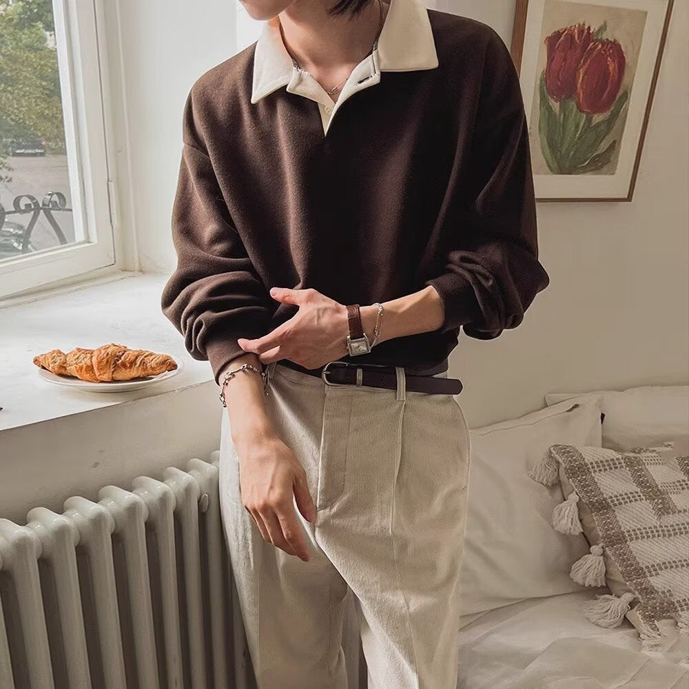 Sudadera con capucha retro para hombre con bloques de color y solapa, top versátil de manga larga