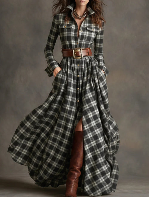 Vestido largo de manga larga con estampado a cuadros Ins, bolsillos de moda, cuello, botones, camisa, vestidos largos, ropa retro para mujer