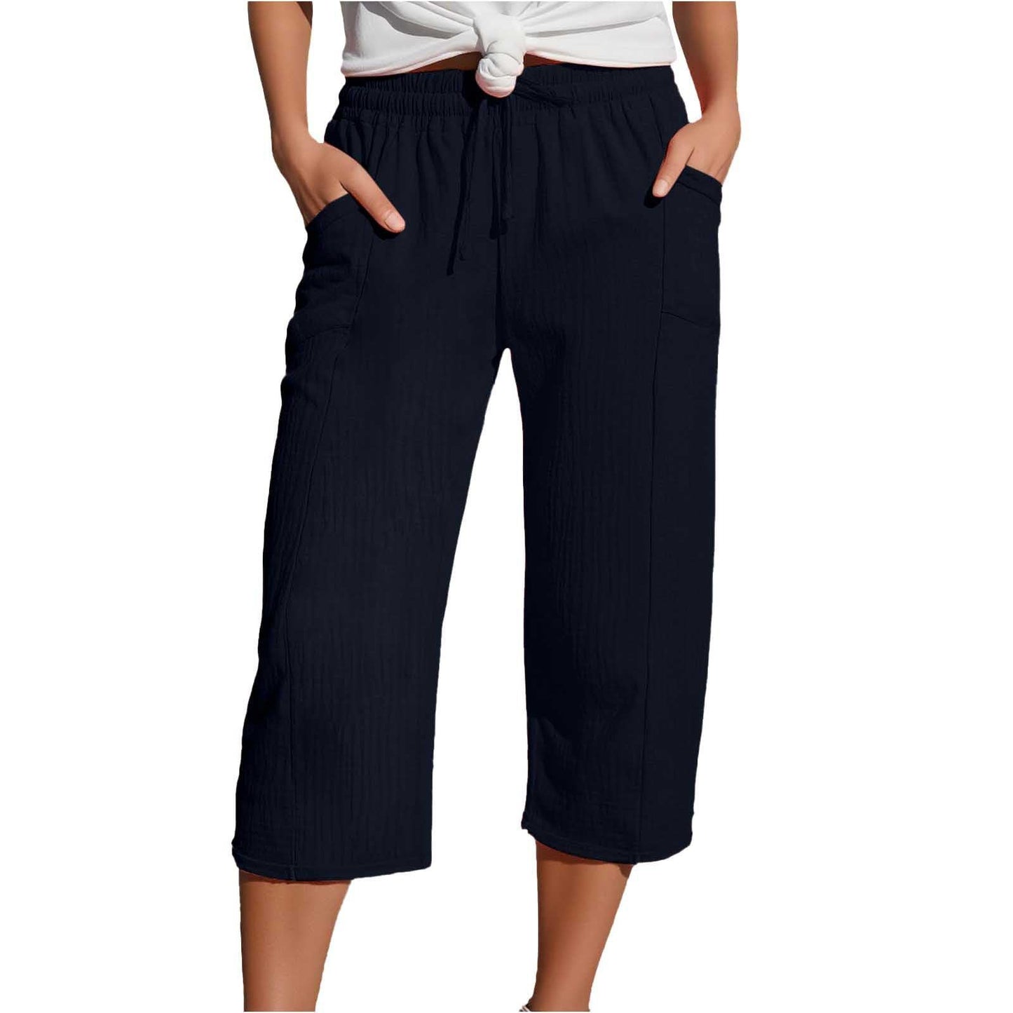 Women's Cotton-Linen Solid-Color Casual Cropped Pants With Elastic Waist