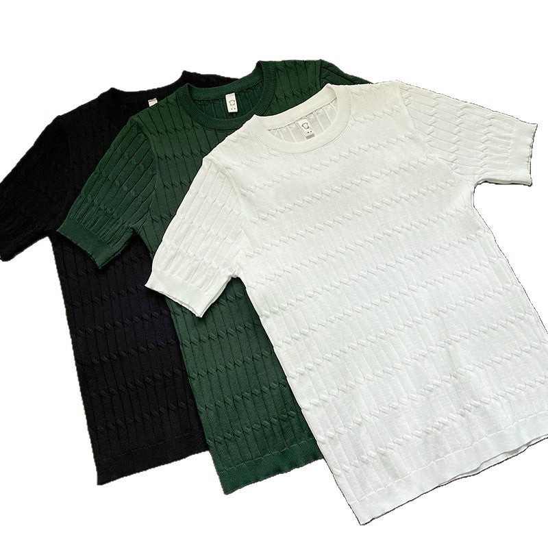 Thin Hollow-out Short-sleeve Knitted Shirt Mens Crew-neck T-shirt
