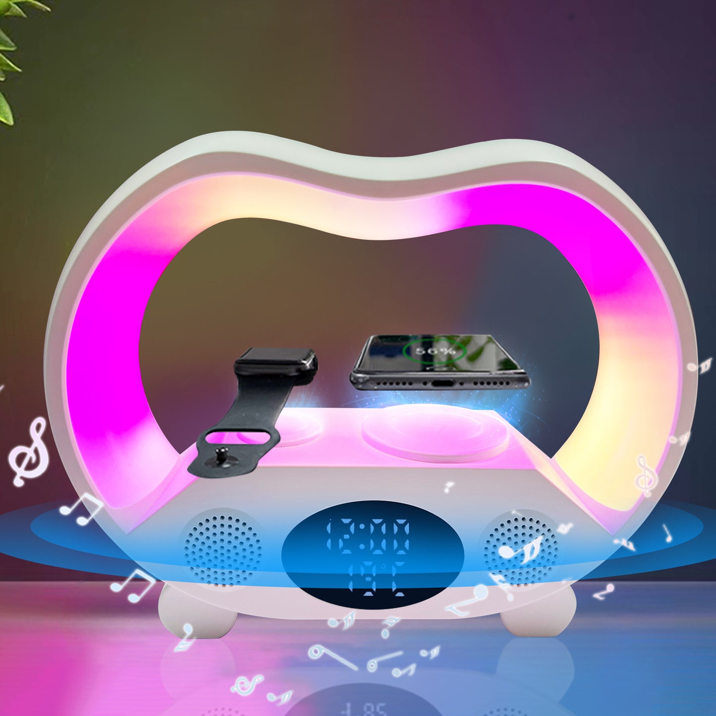 Nueva Lámpara de Mesa LED Inteligente con Ambiente de 6 Funciones en 1, Control Remoto Inteligente Compatible con Bluetooth, Cargador Inalámbrico Multifunción, Luz Nocturna y Altavoz Compatible con Bluetooth