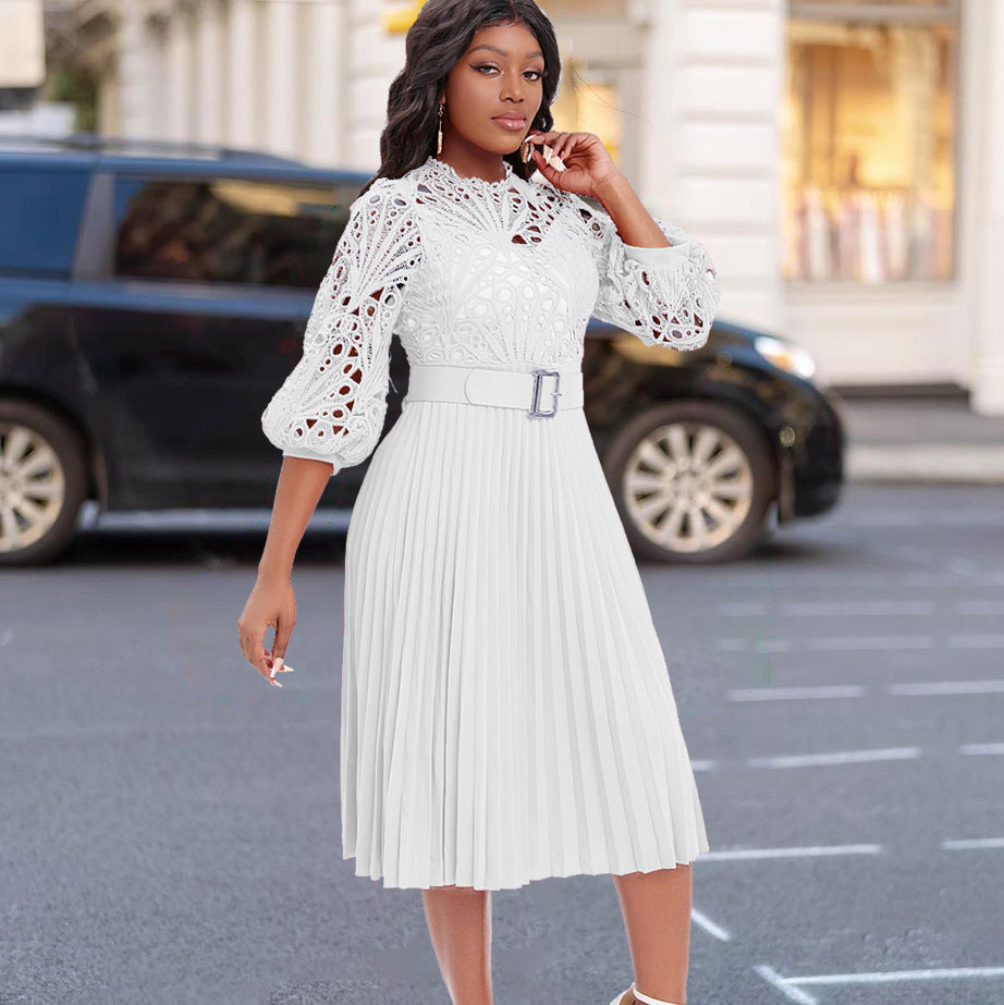 Lace Stitching Pleated Hollow-out Plus Size African Dress
