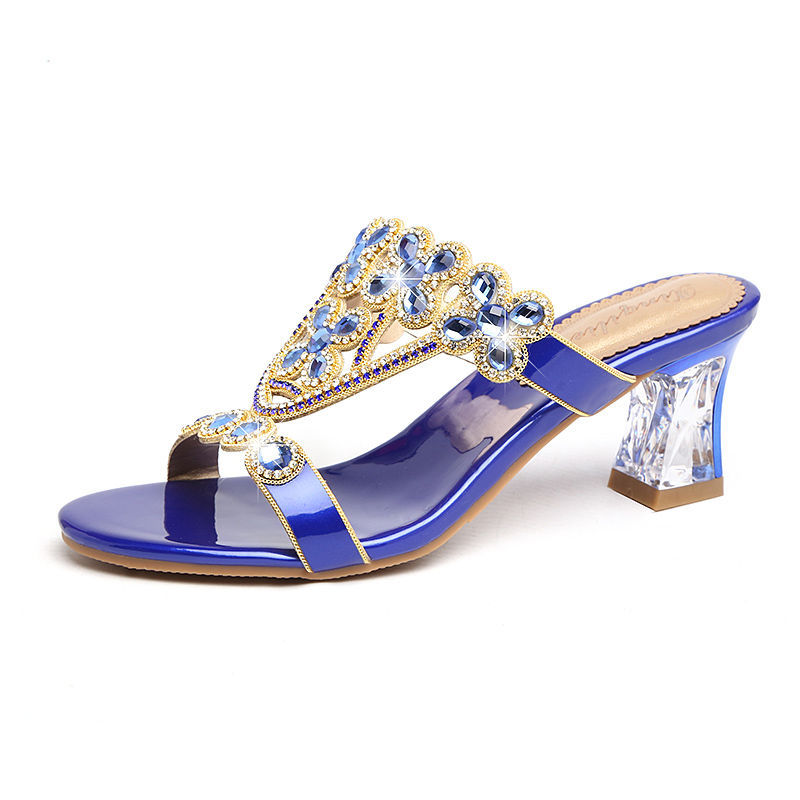 Sandalias de tacón alto con pedrería y tacón de bloque, con flores y diamantes