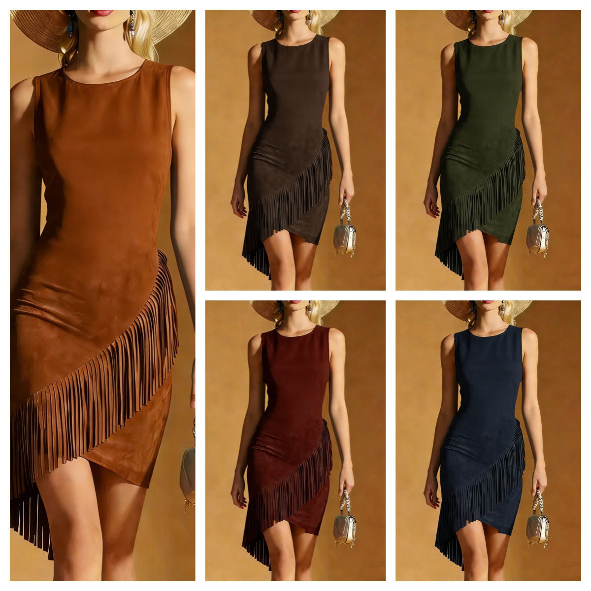 Western Wind Womens Summer Elegant Silk-Satin Texture Tasseled Hem Sleeveless Tank Dress