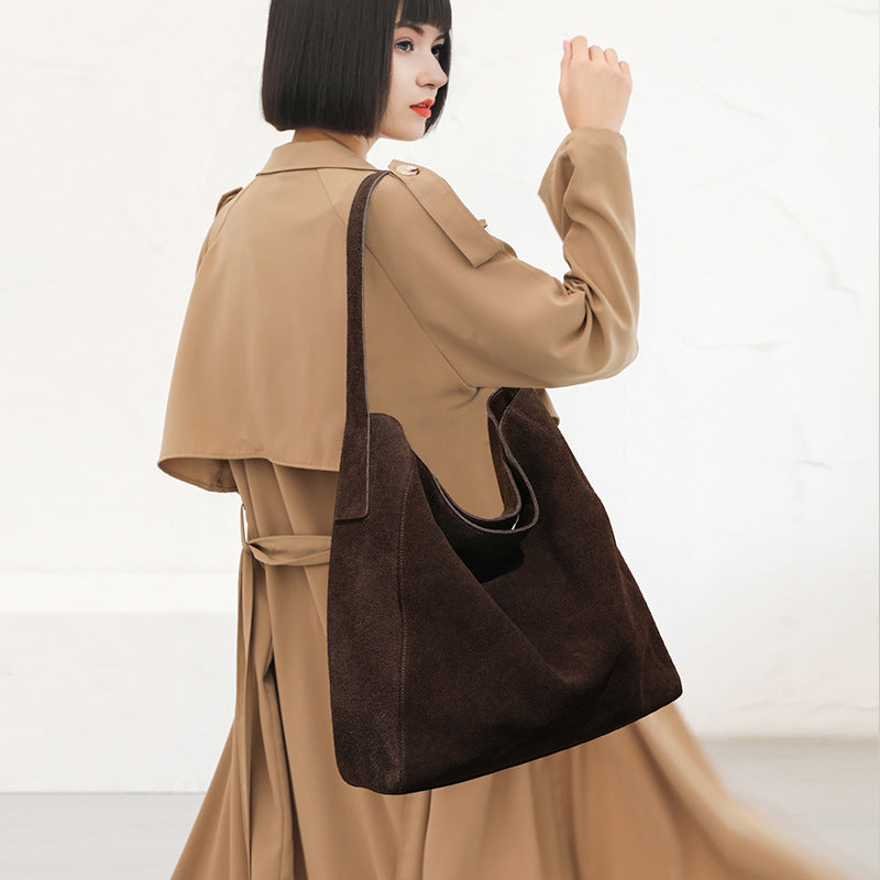 Womens Minimalist Suede Leather Tote And Shoulder Bag