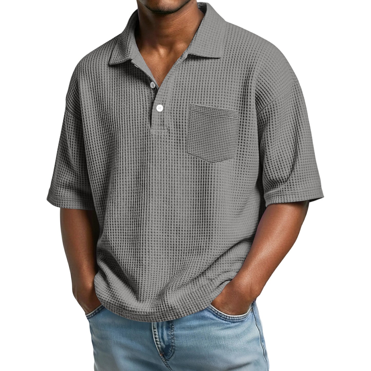 Polo de hombre de manga corta con solapa, tejido waffle y color liso