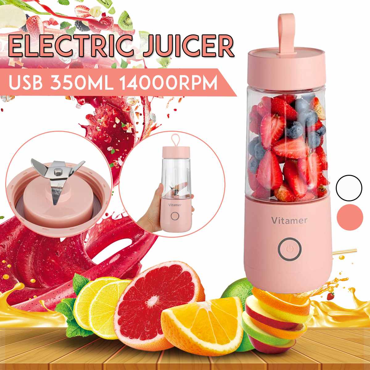 Licuadora portátil de 350 ml, exprimidor eléctrico recargable por USB, mezclador, vaso para batidos, licuadora, botella de zumo, carga USB, utensilios de cocina