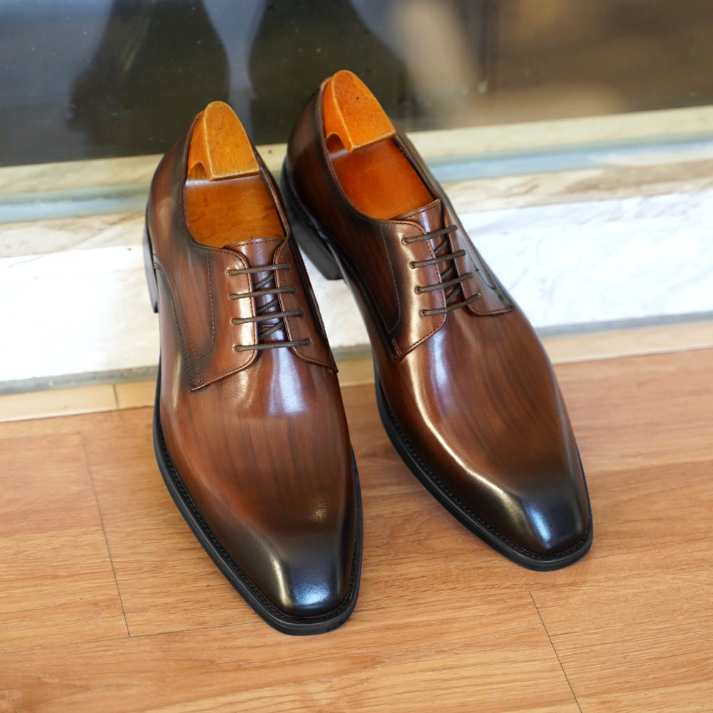 Zapatos de cuero para hombre con patrón de veta de madera, desgastados, con punta cuadrada