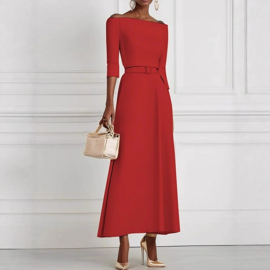 Solid Color Fashion Temperament Waist-controlled Off-shoulder Dress For Women
