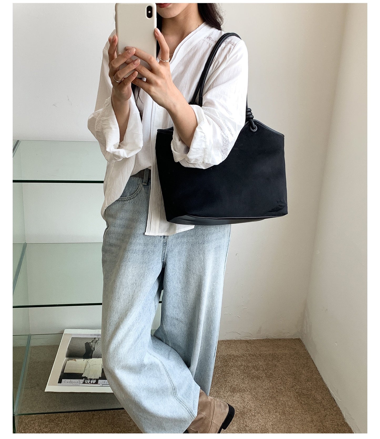 Bolso de hombro y tote de terciopelo de gamuza de color liso estilo retro occidental para mujer