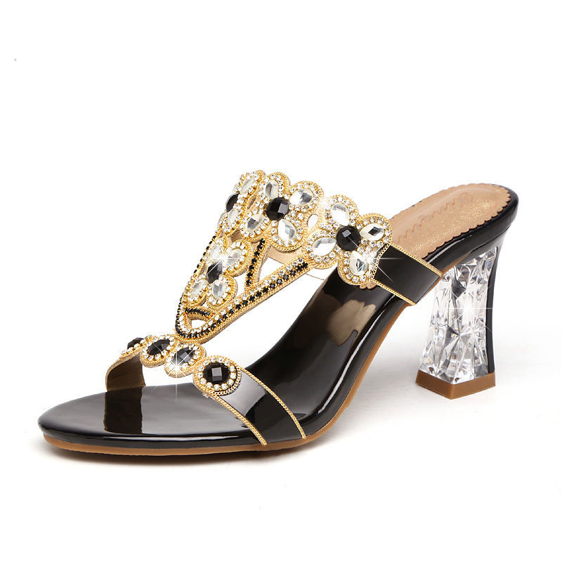 Sandalias de tacón alto con pedrería y tacón de bloque, con flores y diamantes
