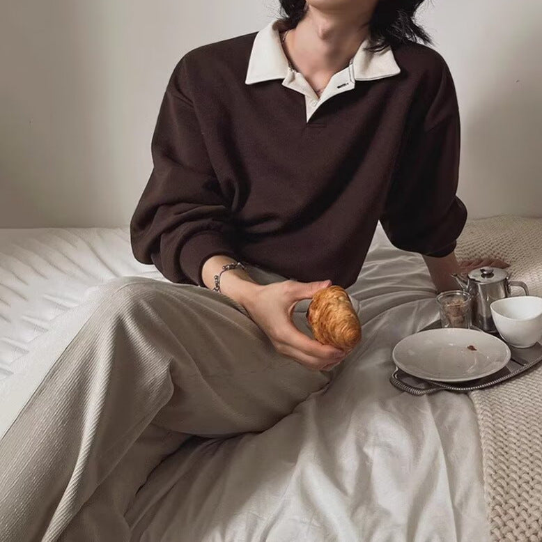 Sudadera con capucha retro para hombre con bloques de color y solapa, top versátil de manga larga