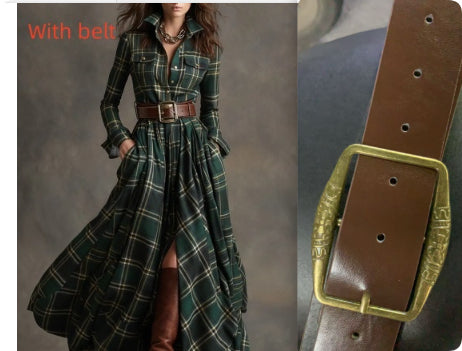 Vestido largo de manga larga con estampado a cuadros Ins, bolsillos de moda, cuello, botones, camisa, vestidos largos, ropa retro para mujer