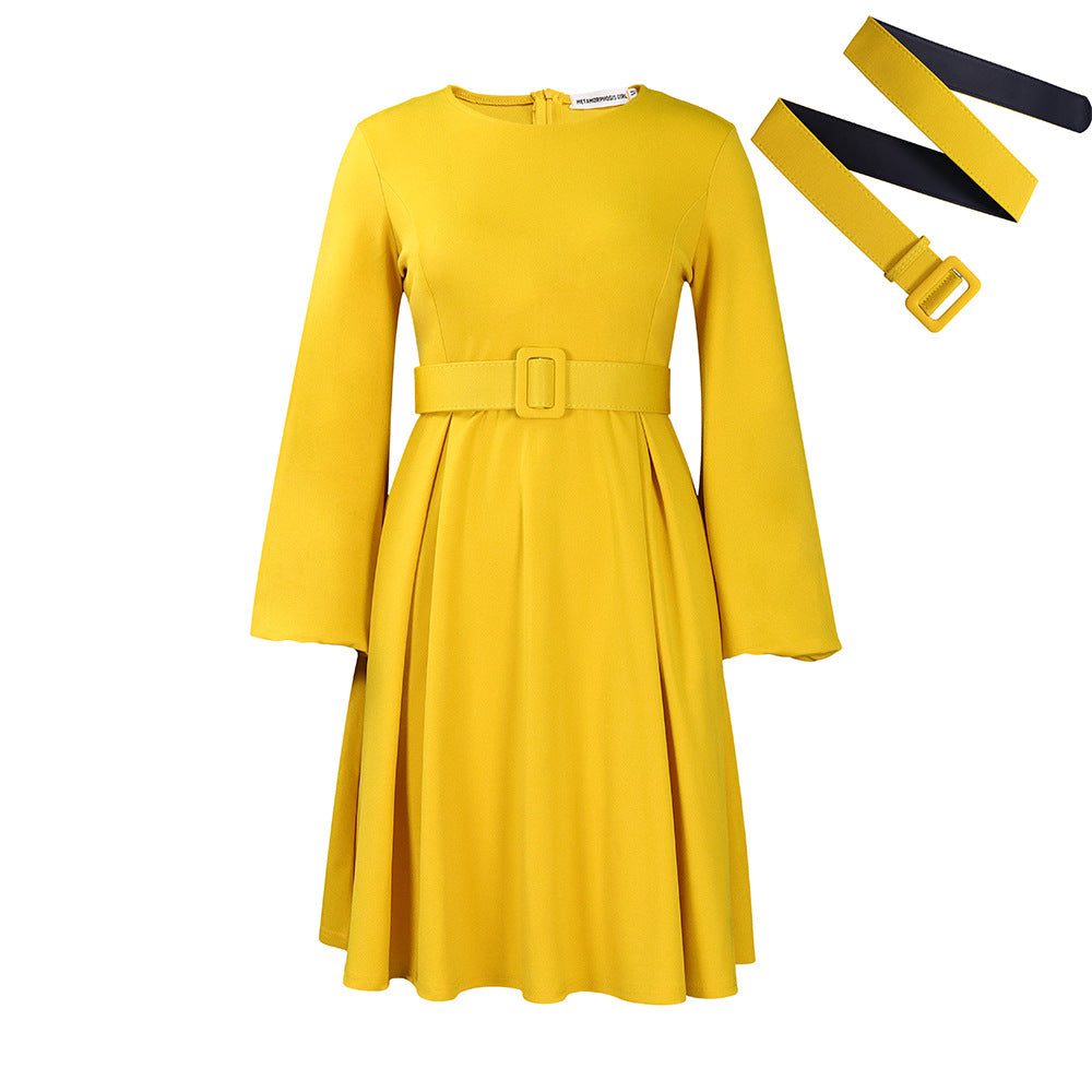 With Belt Long Sleeve Elegant Graceful Round Neck Large Swing Dress