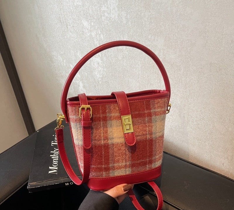 Bolso de mano estilo cubo a cuadros de ante vintage de nicho estilo coreano