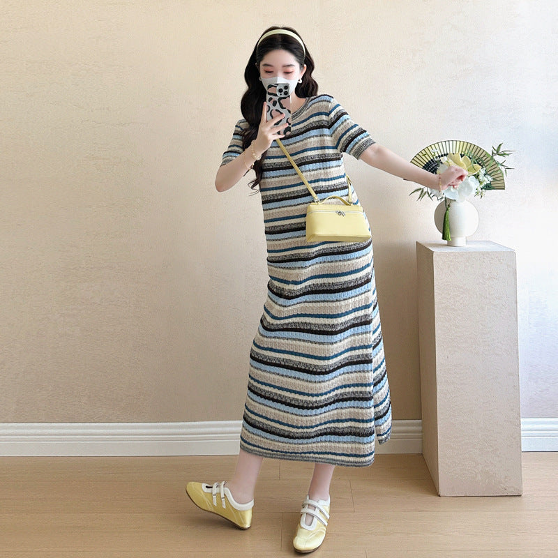 Striped Color-Block Crew-Neck Short-Sleeve Maternity Dress