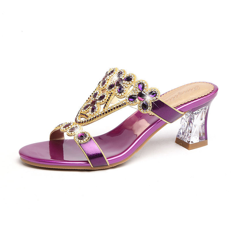 Sandalias de tacón alto con pedrería y tacón de bloque, con flores y diamantes