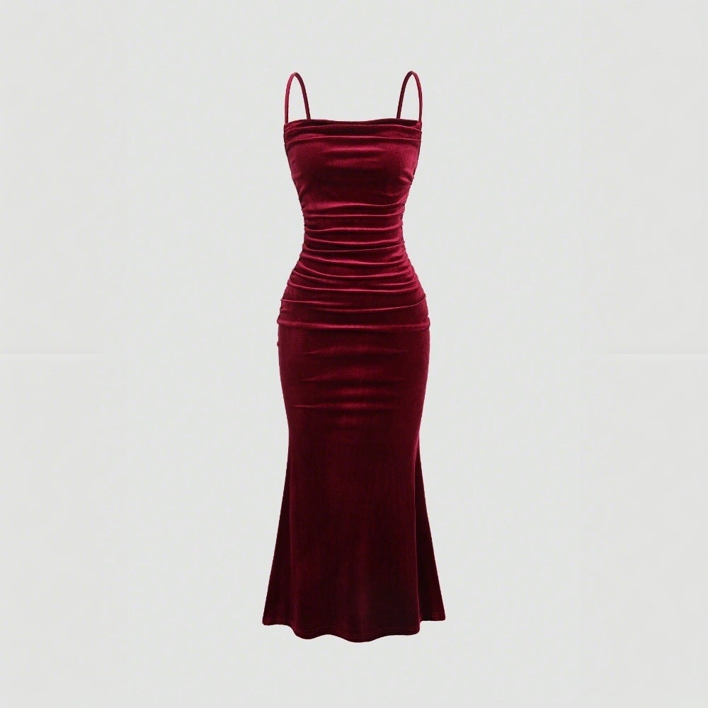 Vestido de terciopelo sin tirantes para mujer europea y americana, vestido de banquete de longitud media con temperamento elegante