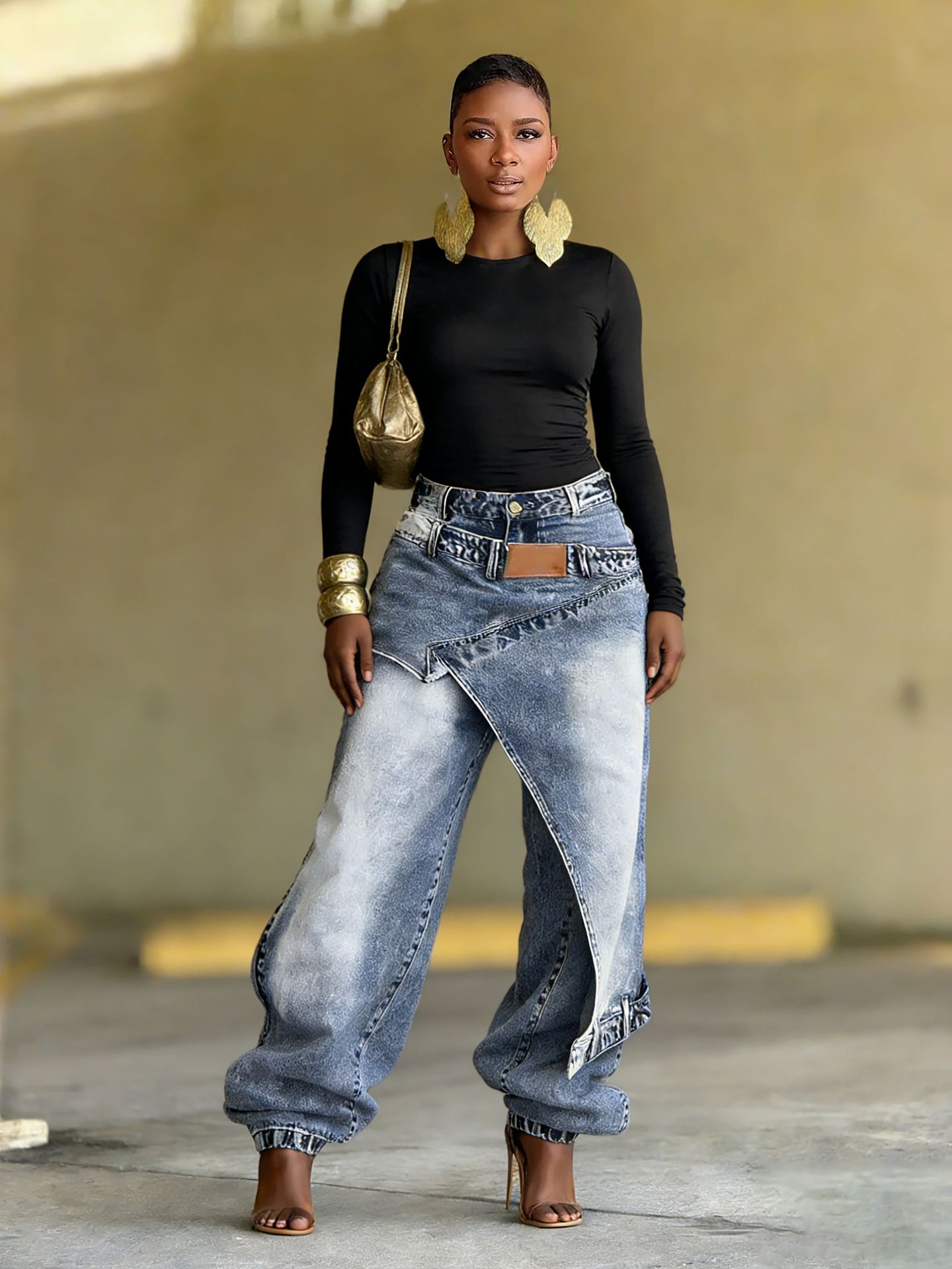 Deconstructed Layered Washed Denim Jeans
