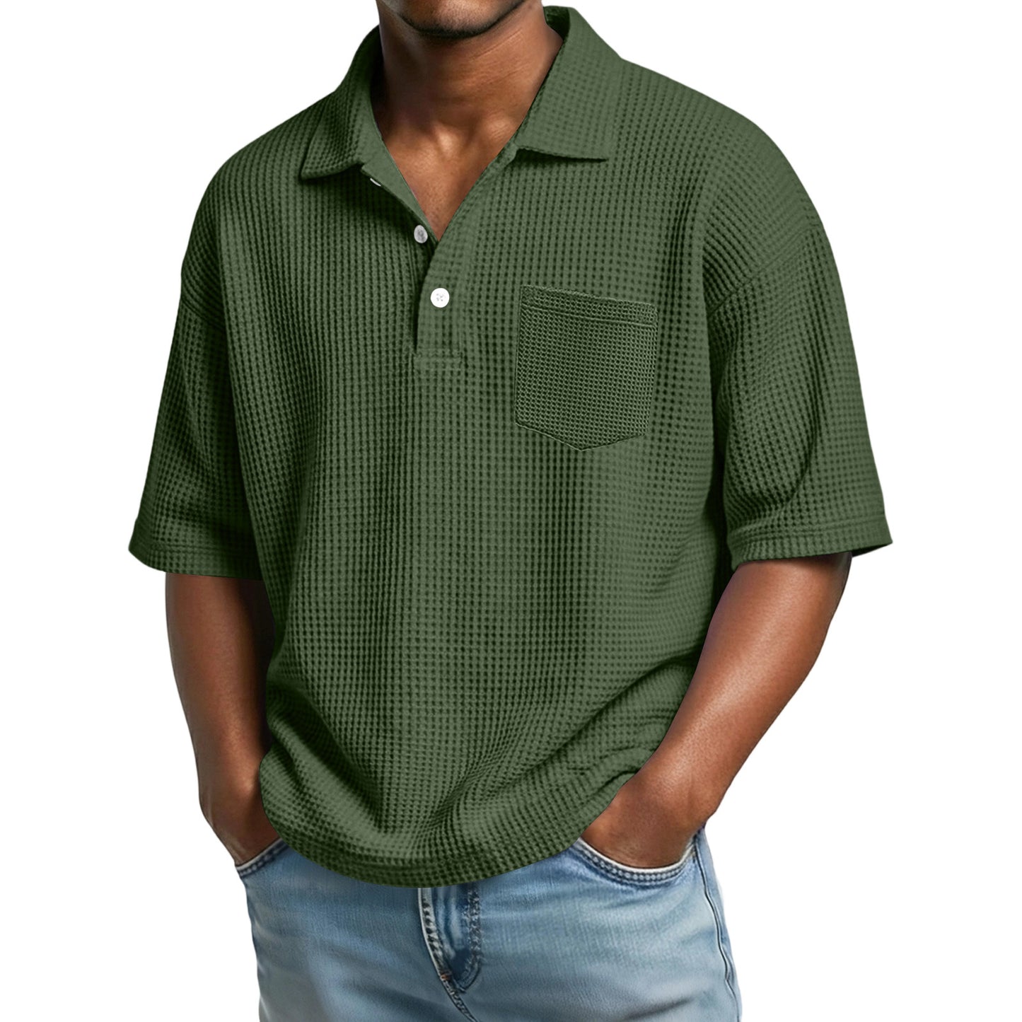 Polo de hombre de manga corta con solapa, tejido waffle y color liso