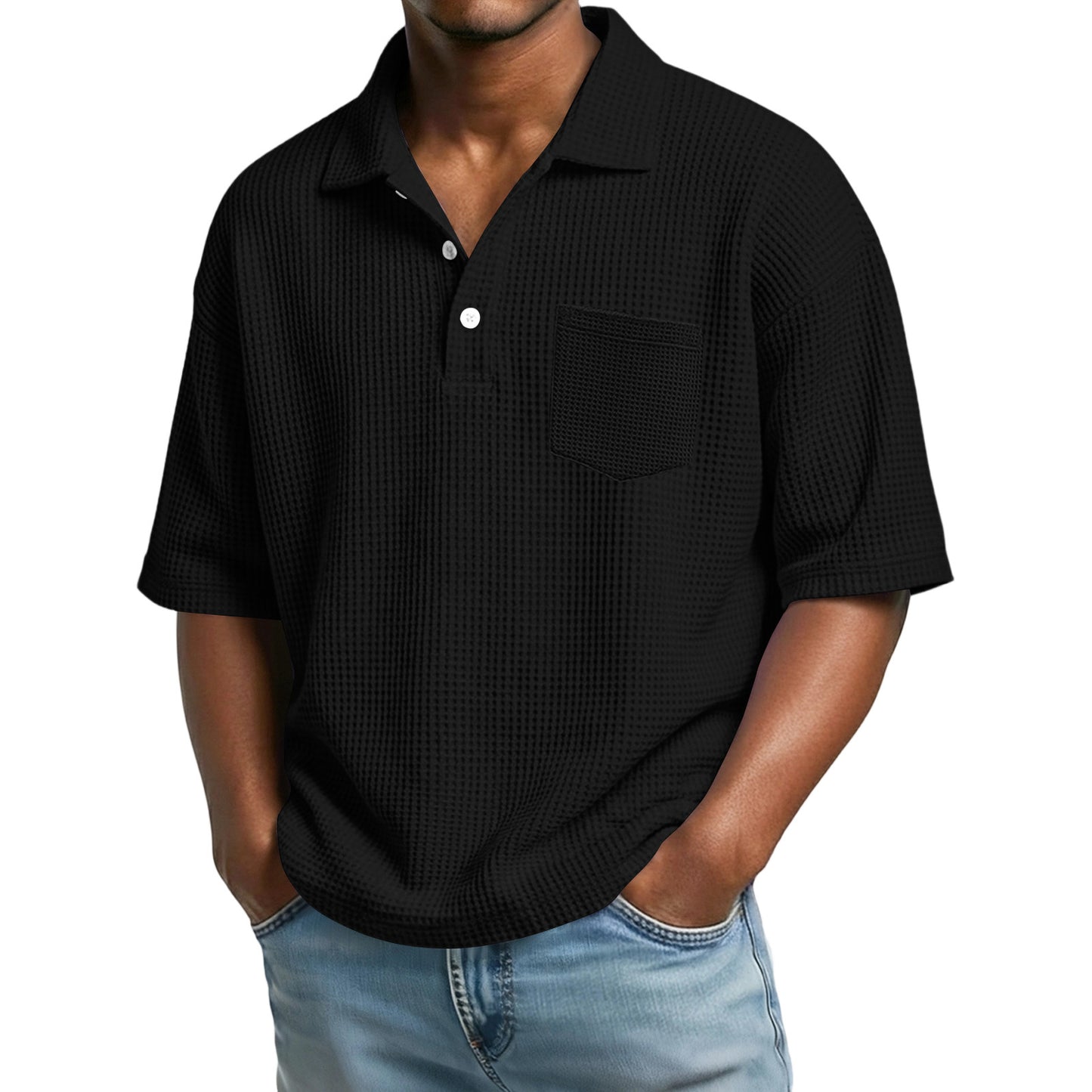 Polo de hombre de manga corta con solapa, tejido waffle y color liso
