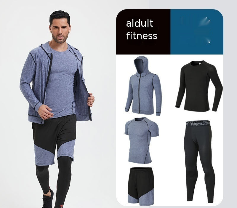 Traje de fitness para hombre, para correr por la mañana, por la noche, deportivo, de secado rápido, de cinco piezas, mallas, baloncesto, ropa de entrenamiento al por mayor