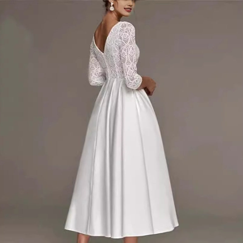 Vestido de novia de encaje de manga larga, escote de pico profundo, entallado, de largo medio