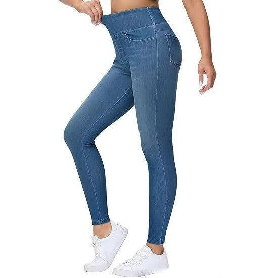 Pantalones de mezclilla sintética de talle alto con dos bolsillos