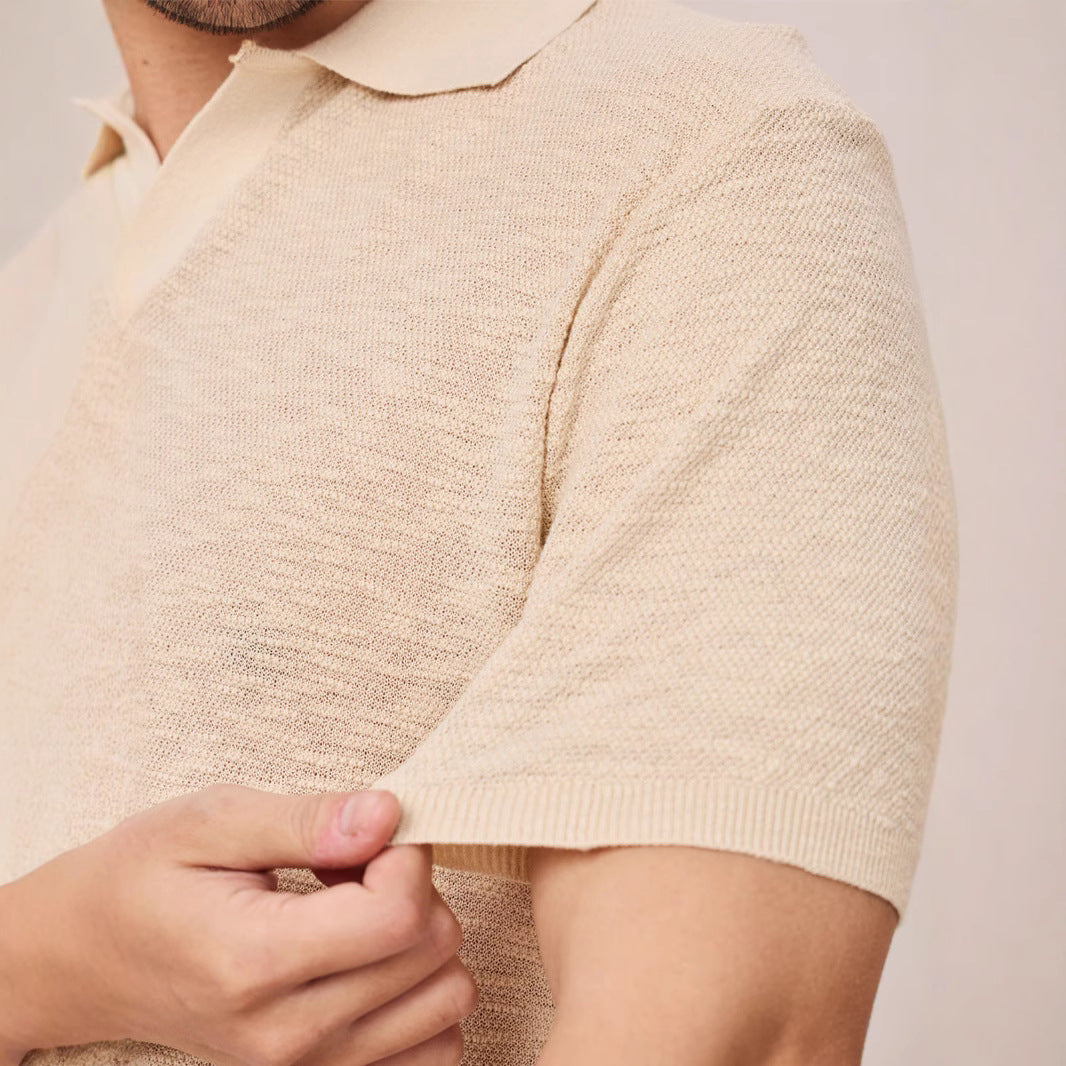 Textured Knit Short-sleeve Mens Slim-fit Business Polo Shirt In Ice Silk