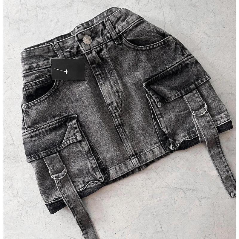 Multiple Pockets Denim Plaid Skirt Vintage Goth Black Y2k