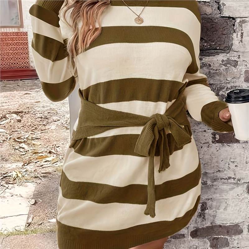 Vestido de punto informal a rayas de tallas grandes estilo europeo y americano