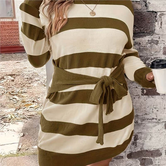 Vestido de punto informal a rayas de tallas grandes estilo europeo y americano