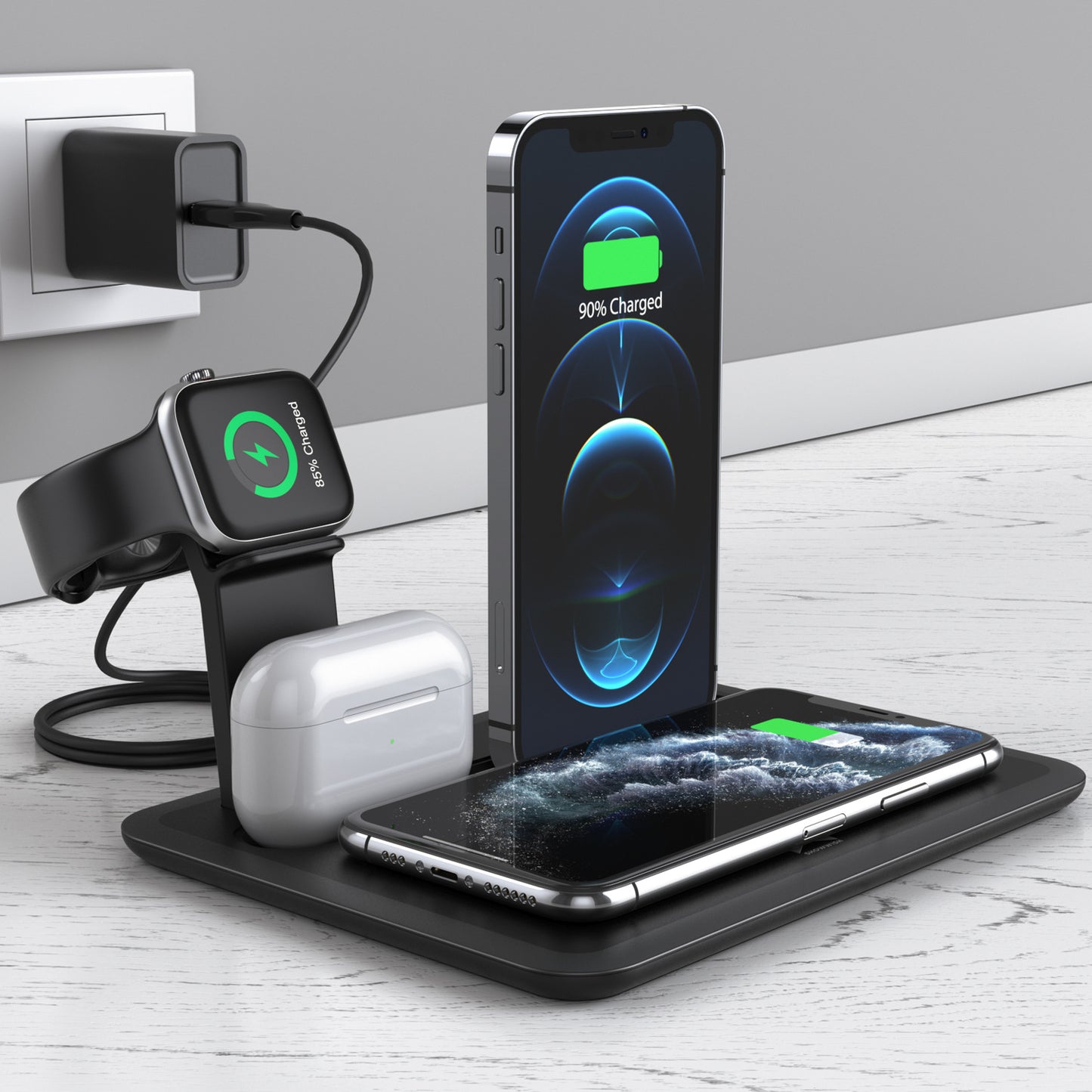 Soporte de escritorio para auriculares de reloj con cargador inalámbrico para teléfono