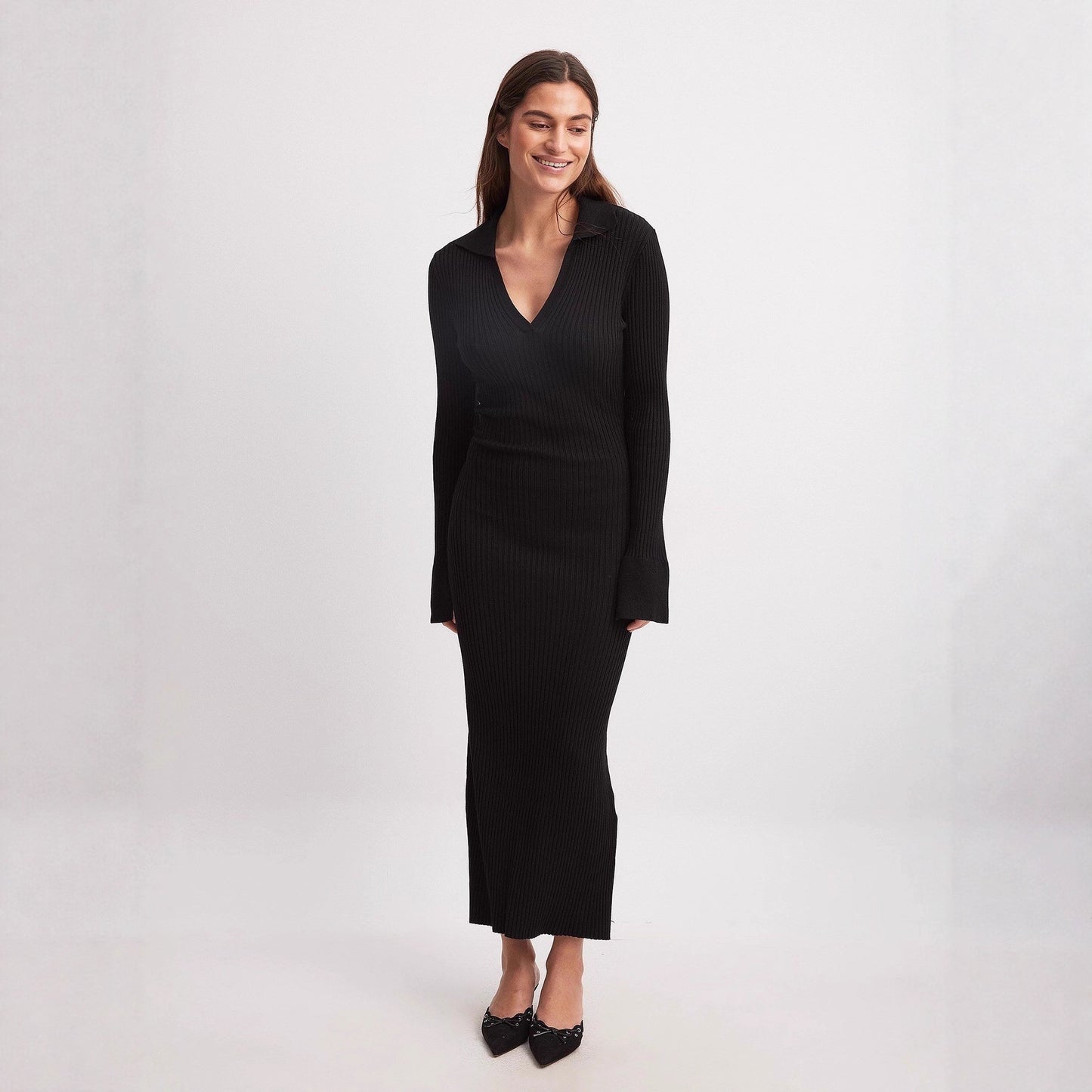 Women's Knitted Long-Sleeve Dress Deep V-Neck Sweater For Export