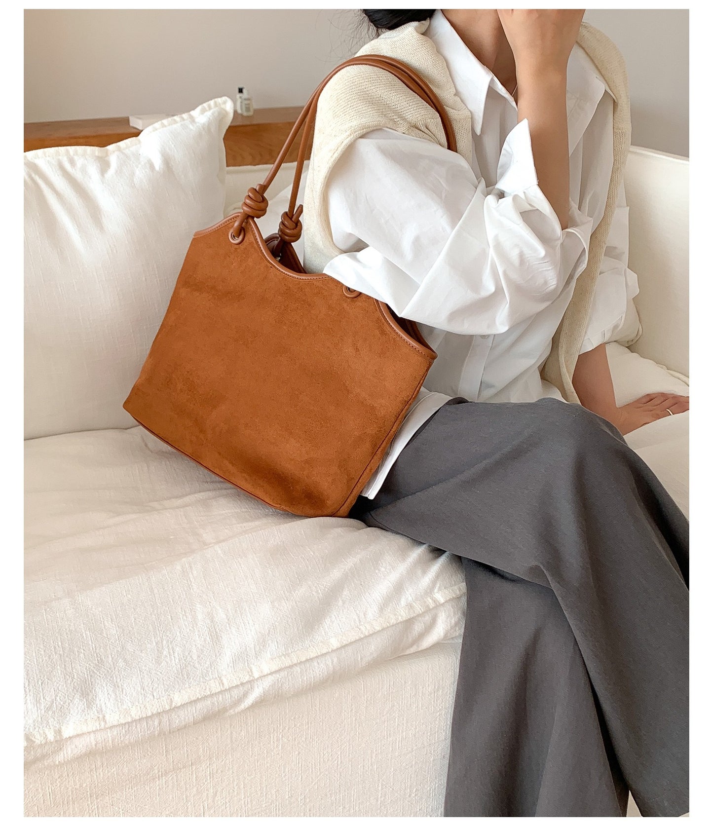 Bolso de hombro y tote de terciopelo de gamuza de color liso estilo retro occidental para mujer