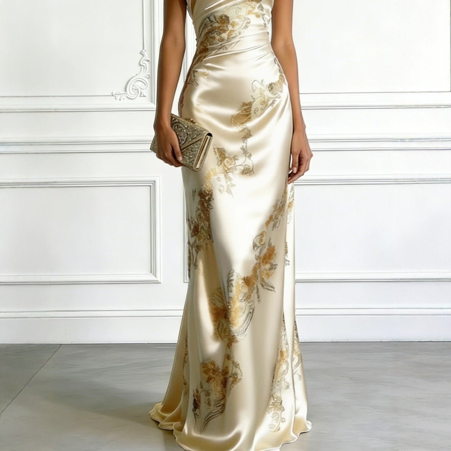 Vestido largo dorado estampado sin hombros de corte ajustado